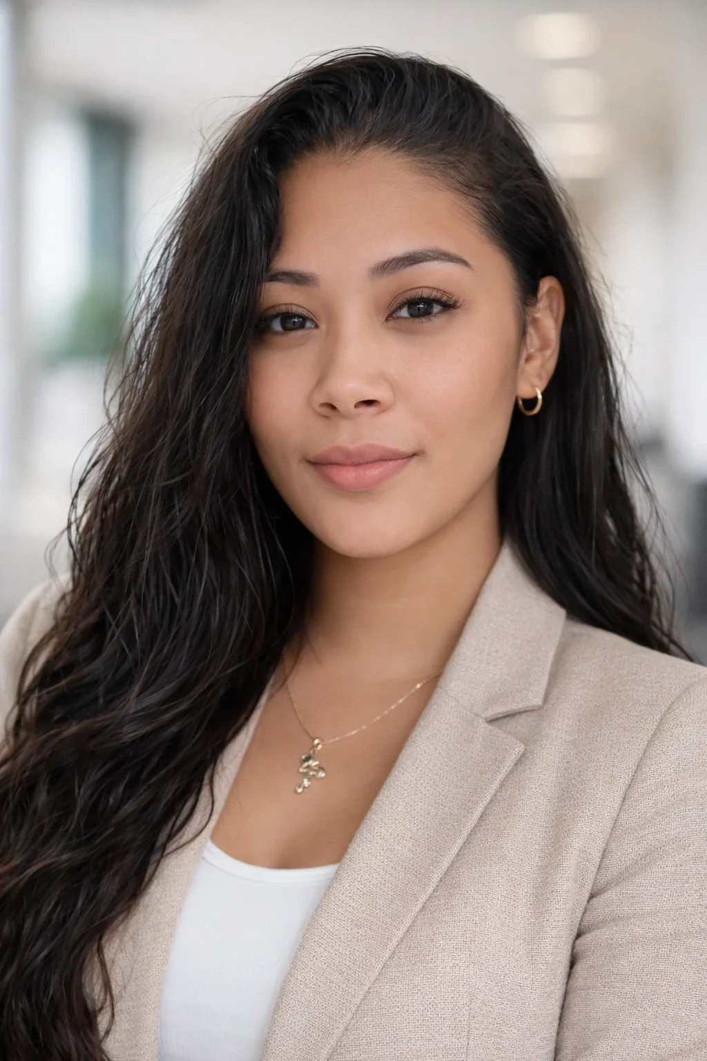 Karla Hernandez, licensed health insurance advisor, smiling in a cream blazer